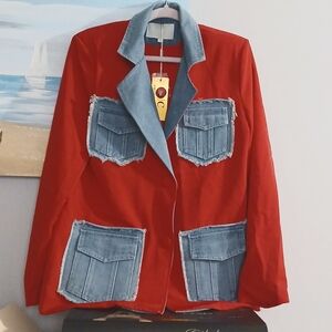 Mixed Fabrics Red Denim Blazer